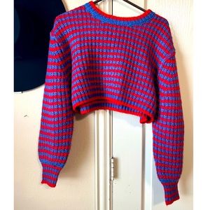 Zara Blue and Red Stripey Cropped Sweater Medium